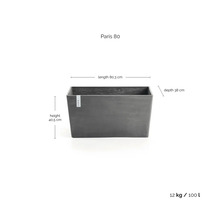 Ecopots plantenbak Paris 80: lengte 80.3 centimeter, diepte 38 centimeter, hoogte 40.5 centimeter. Gewicht 12 kilogram, inhoud 100 liter.