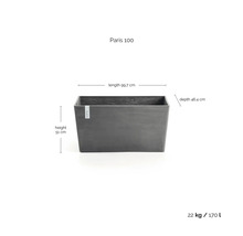 Donkergrijze Ecopots plantenbak Paris 100: lengte 99,7 centimeter, hoogte 51 centimeter, diepte 46,4 centimeter, 170 liter, 22 kilogram.