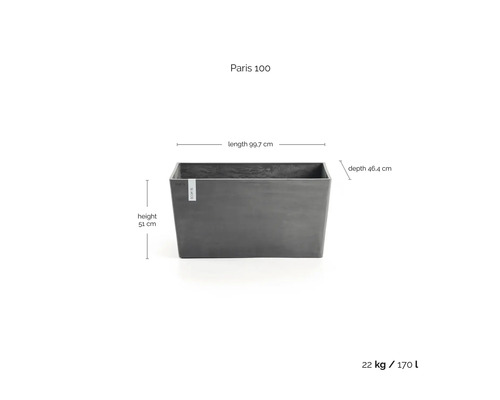 Donkergrijze Ecopots plantenbak Paris 100: lengte 99,7 centimeter, hoogte 51 centimeter, diepte 46,4 centimeter, 170 liter, 22 kilogram.