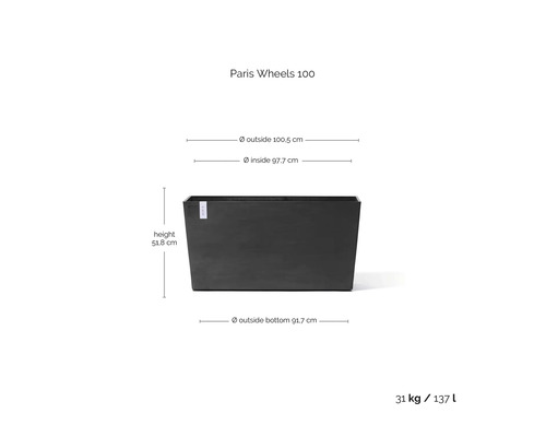 Donkergrijze rechthoekige plantenbak Paris Wheels 100 met afmetingen: hoogte 51,8 centimeter, breedte 100,5 centimeter, inhoud 137 liter.