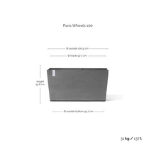 Rechthoekige plantenbak Paris Wheels 100 met afmetingen: hoogte 51,8 centimeter, buitenbreedte 100,5 centimeter en inhoud 137 liter.