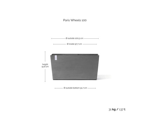 Rechthoekige plantenbak Paris Wheels 100 met afmetingen: hoogte 51,8 centimeter, buitenbreedte 100,5 centimeter en inhoud 137 liter.