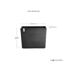 Rechthoekige plantenbak Paris Wheels 85, antraciet, lengte 85,2 centimeter, hoogte 65,8 centimeter, diepte 39,5 centimeter, gewicht 24 kilogram.