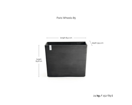 Rechthoekige plantenbak Paris Wheels 85, antraciet, lengte 85,2 centimeter, hoogte 65,8 centimeter, diepte 39,5 centimeter, gewicht 24 kilogram.