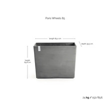Rechthoekige bloembak ECOPOTS Paris Wheels 85 in grijs, lengte 85,2 centimeter, hoogte 65,8 centimeter, diepte 39,5 centimeter.