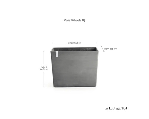 Rechthoekige bloembak ECOPOTS Paris Wheels 85 in grijs, lengte 85,2 centimeter, hoogte 65,8 centimeter, diepte 39,5 centimeter.