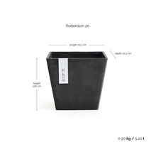 Vierkante bloempot Ecopots Rotterdam 20, lengte 20,3 centimeter, diepte 20,3 centimeter, hoogte 17,8 centimeter, inhoud 5,2 liter.