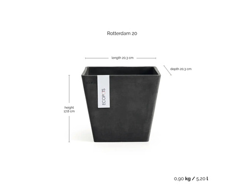 Vierkante bloempot Ecopots Rotterdam 20, lengte 20,3 centimeter, diepte 20,3 centimeter, hoogte 17,8 centimeter, inhoud 5,2 liter.