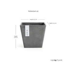 Vierkante bloempot Ecopots Rotterdam 20 in grijs, lengte 20,3 centimeter, diepte 20,3 centimeter, hoogte 17,8 centimeter.