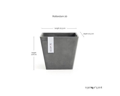 Vierkante bloempot Ecopots Rotterdam 20 in grijs, lengte 20,3 centimeter, diepte 20,3 centimeter, hoogte 17,8 centimeter.