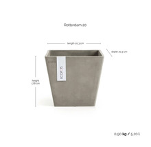ECOPOTS bloempot Rotterdam 20, vierkant, van gerecycled kunststof. Lengte 20,3 centimeter, diepte 20,3 centimeter, hoogte 17,8 centimeter.