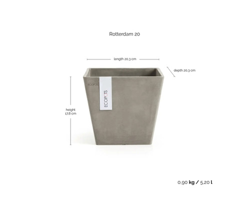 ECOPOTS bloempot Rotterdam 20, vierkant, van gerecycled kunststof. Lengte 20,3 centimeter, diepte 20,3 centimeter, hoogte 17,8 centimeter.