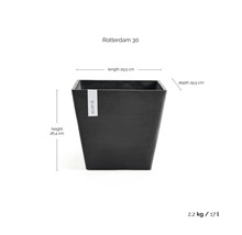 Ecopots Rotterdam 30, vierkante bloempot: lengte 29.5 centimeter, diepte 29.5 centimeter, hoogte 26.4 centimeter, inhoud 17 liter.