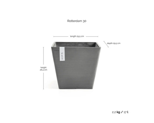 Vierkante Ecopots Rotterdam 30 bloempot: lengte 29,5 centimeter, diepte 29,5 centimeter, hoogte 26,4 centimeter, inhoud 17 liter.