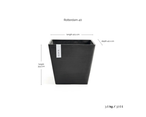 Vierkante Ecopots Rotterdam 40 bloempot. Hoogte 35,5 centimeter, lengte 40,1 centimeter, diepte 40,1 centimeter. Inhoud 37,6 liter.