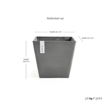 Vierkante plantenbak Ecopots Rotterdam 40, grijs, afmetingen 40,1 bij 40,1 bij 35,5 centimeter, inhoud 37,6 liter, gewicht 3,6 kilogram.