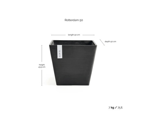 Donkergrijze vierkante bloempot Ecopots Rotterdam 50 van kunststof, lengte 50 centimeter, diepte 50 centimeter, hoogte 43,5 centimeter.