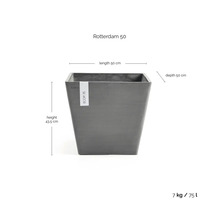 Ecopots Rotterdam 50 vierkante plantenbak. Afmetingen: lengte 50 centimeter, diepte 50 centimeter, hoogte 43,5 centimeter. Inhoud 75 liter, 7 kilogram.