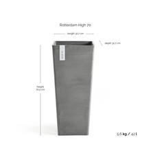 Hoge vierkante plantenbak Ecopots Rotterdam High 70 met een hoogte van 70,5 centimeter en een lengte en diepte van 32,7 centimeter.