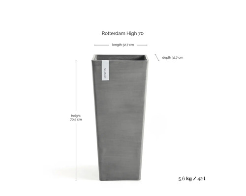 Hoge vierkante plantenbak Ecopots Rotterdam High 70 met een hoogte van 70,5 centimeter en een lengte en diepte van 32,7 centimeter.