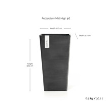 Ecopots Rotterdam Mid High 56 plantenbak: hoogte 56,5 centimeter, lengte 32,7 centimeter, diepte 32,7 centimeter, inhoud 36,2 liter.