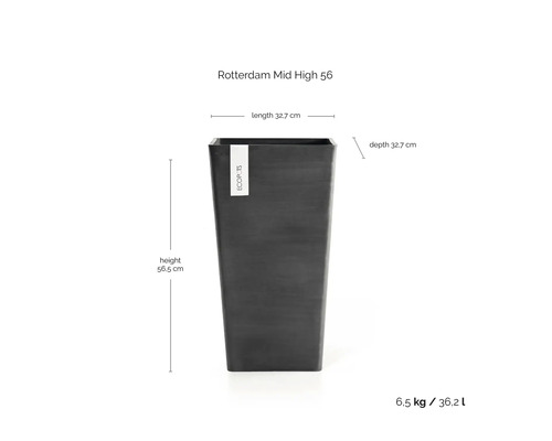 Ecopots Rotterdam Mid High 56 plantenbak: hoogte 56,5 centimeter, lengte 32,7 centimeter, diepte 32,7 centimeter, inhoud 36,2 liter.