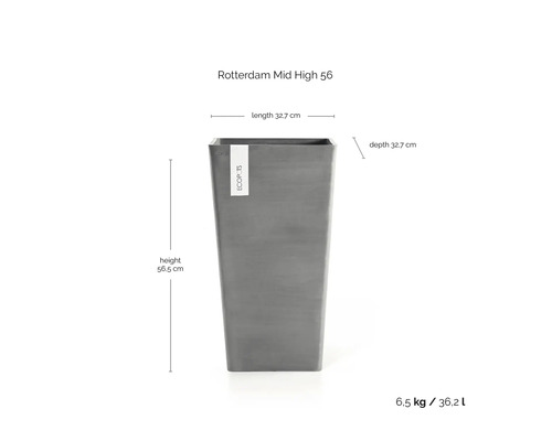 Grijze bloempot Ecopots Rotterdam Mid High 56 met afmetingen: hoogte 56,5 centimeter, lengte 32,7 centimeter en diepte 32,7 centimeter.