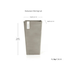 Ecopots Rotterdam Mid High 56 plantenbak: hoogte 56,5 centimeter, lengte 32,7 centimeter, diepte 32,7 centimeter, inhoud 36,2 liter.