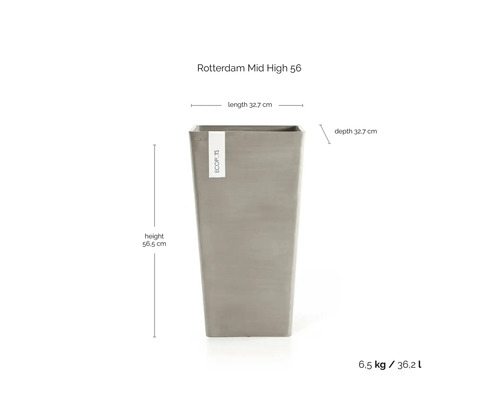 Ecopots Rotterdam Mid High 56 plantenbak: hoogte 56,5 centimeter, lengte 32,7 centimeter, diepte 32,7 centimeter, inhoud 36,2 liter.