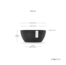 Ecopots Sofia 30 plantenschaal met afmetingen: hoogte 13,5 centimeter, breedte 29,5 centimeter, diepte 13,4 centimeter en inhoud 2,7 liter.