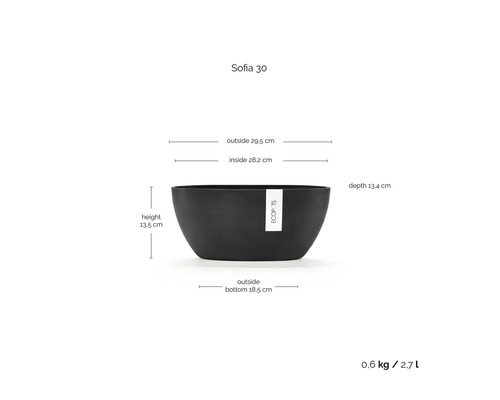 Ecopots Sofia 30 plantenschaal met afmetingen: hoogte 13,5 centimeter, breedte 29,5 centimeter, diepte 13,4 centimeter en inhoud 2,7 liter.