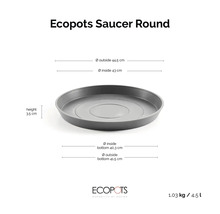 Ecopots Saucer Round schotel: buitendiameter 44,5 centimeter, binnendiameter 43 centimeter, hoogte 3,5 centimeter, Ecopots Logo.