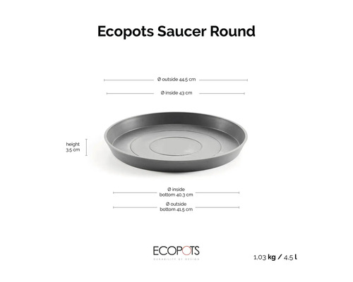 Ecopots Saucer Round schotel: buitendiameter 44,5 centimeter, binnendiameter 43 centimeter, hoogte 3,5 centimeter, Ecopots Logo.