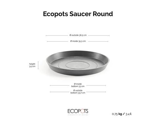 Ecopots ronde schotel met afmetingen: buitendiameter 36,5 centimeter, binnendiameter 35,3 centimeter, hoogte 3,5 centimeter.
