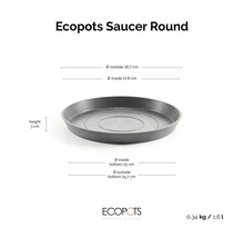 Ecopots Saucer Round schotel rond, hoogte 3 centimeter, buitendiameter 28,7 centimeter, binnendiameter 27,8 centimeter.