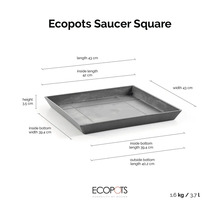 Ecopots Saucer Square schotel: 43 bij 43 centimeter, hoogte 3,5 centimeter, gewicht 1,6 kilogram, volume 3,7 liter. Ecopots Logo.