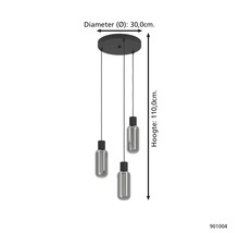 Hanglamp met drie lampen en een hoogte van 110 centimeter en een diameter van 30 centimeter