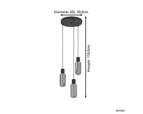Hanglamp met drie lampen en een hoogte van 110 centimeter en een diameter van 30 centimeter