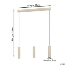 Pendellamp met drie lampen, lengte 77 cm, hoogte 110 cm, breedte 9 cm