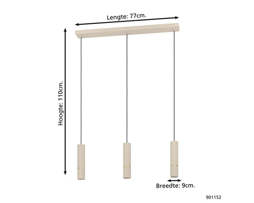 Pendellamp met drie lampen, lengte 77 cm, hoogte 110 cm, breedte 9 cm