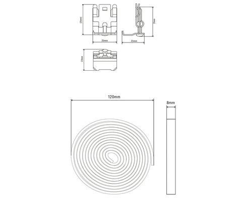 Technische tekening van een rolluikkast met de afmetingen 35 mm, 25 mm, 23 mm, 120 mm en 8 mm.
