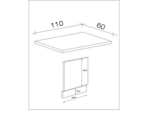 Technische tekening van een meubelelement met maatvoering