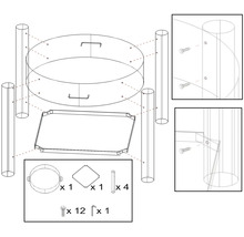 Explosietekening van een tuintafel met montageaccessoires.