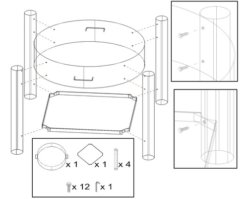 Explosietekening van een tuintafel met montageaccessoires.