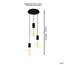 Hanglamp met drie lampen en de afmetingen: diameter 33 centimeter en hoogte 150 centimeter