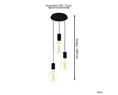 Hanglamp met drie lampen en de afmetingen: diameter 33 centimeter en hoogte 150 centimeter