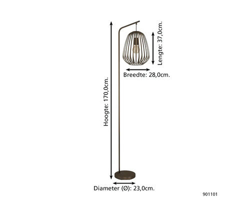 Staande lamp met de afmetingen hoogte 170,0 cm, lengte 37,0 cm, breedte 28,0 cm en diameter 23,0 cm.