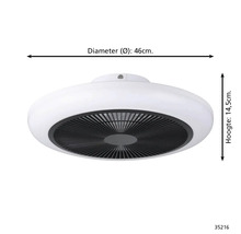 Plafondventilator met een diameter van 46 centimeter en een hoogte van 14,5 centimeter.