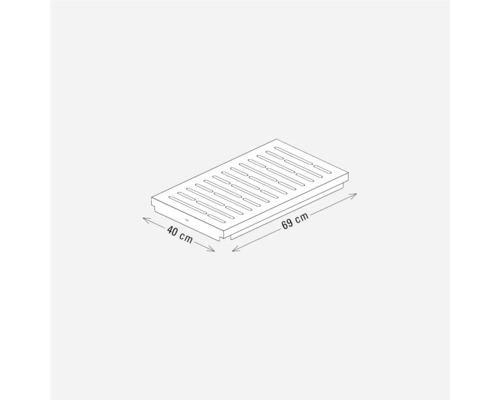Technische tekening van een rooster met de afmetingen 40 bij 69 centimeter.