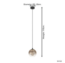 Hanglamp met een diameter van 20 cm en een hoogte van 110 cm.